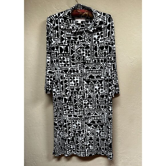 Tori Richard Womens Midi Shirt Dress Small Half Button Front Black White Print - Picture 1 of 9